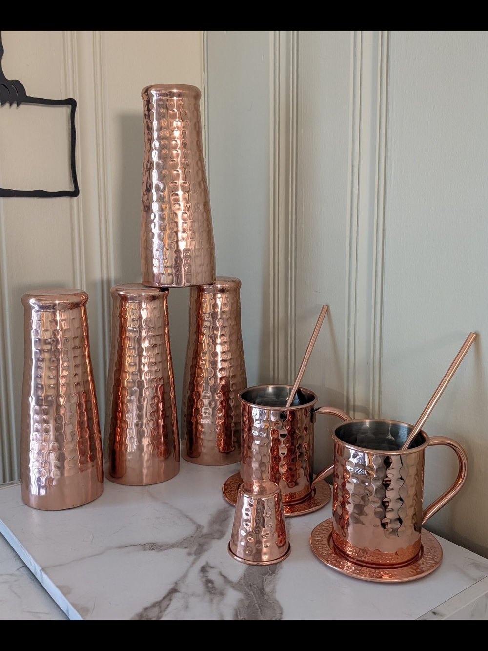 Hammered Copper Moscow Mule Mug Set w/Saucers, Tumblers, Straws, and Shot Glass